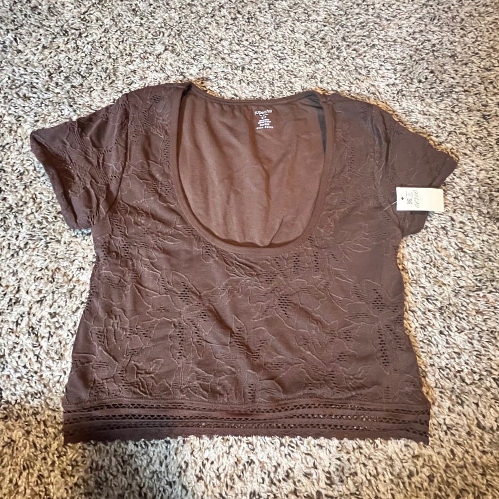 Aerie Superchill Brown Floral Lace Scoop Neck Crop Top Short Sleeve Small NWT